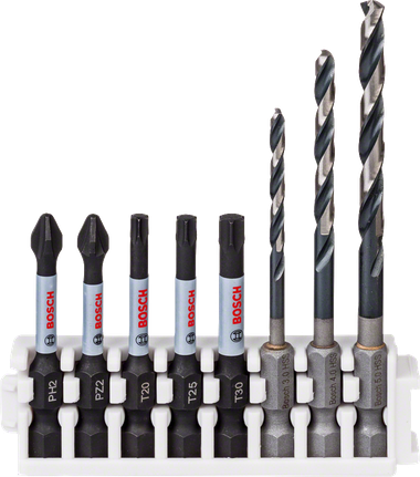 Juego de taladro de impacto y brocas Bosch HSS con PH2, PZ2, T20, T25, T30.